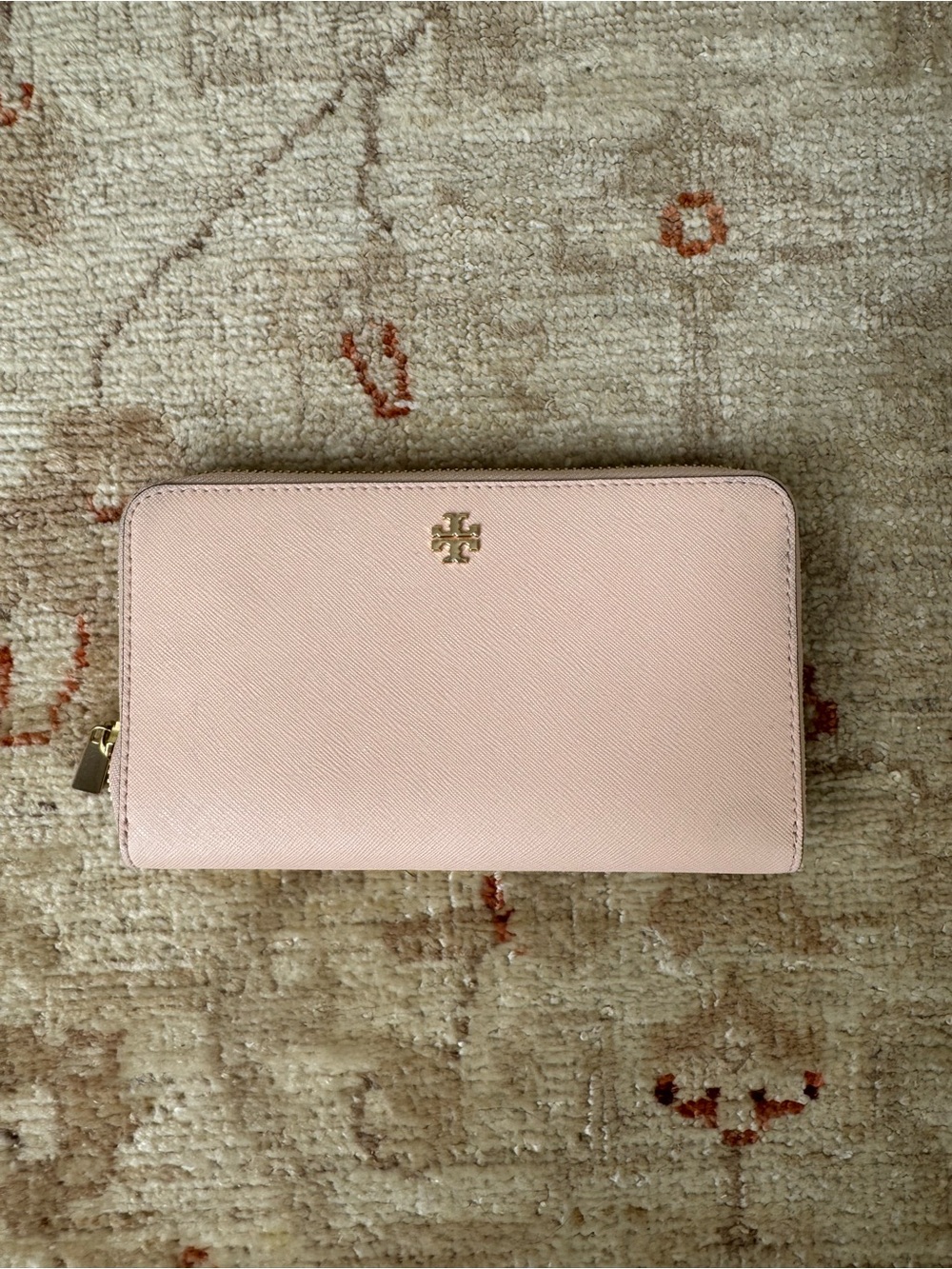 Tory Burch Blush Zip-Around Saffiano Leather Wallet with Gold Logo, BRAND NEW